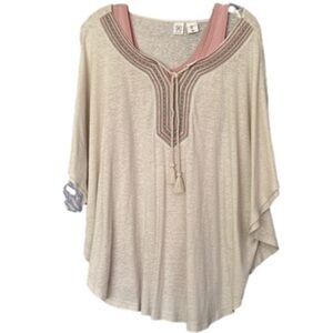 Vintage Hippie Boho Top Dolman Sleeves Linen Blend Pink & Gray Embroidery Flowy